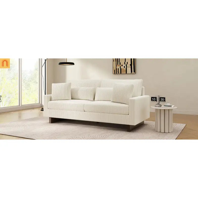 Loveseat Modern Square Arms Corduroy Beige 4 Pillows 80.31in
