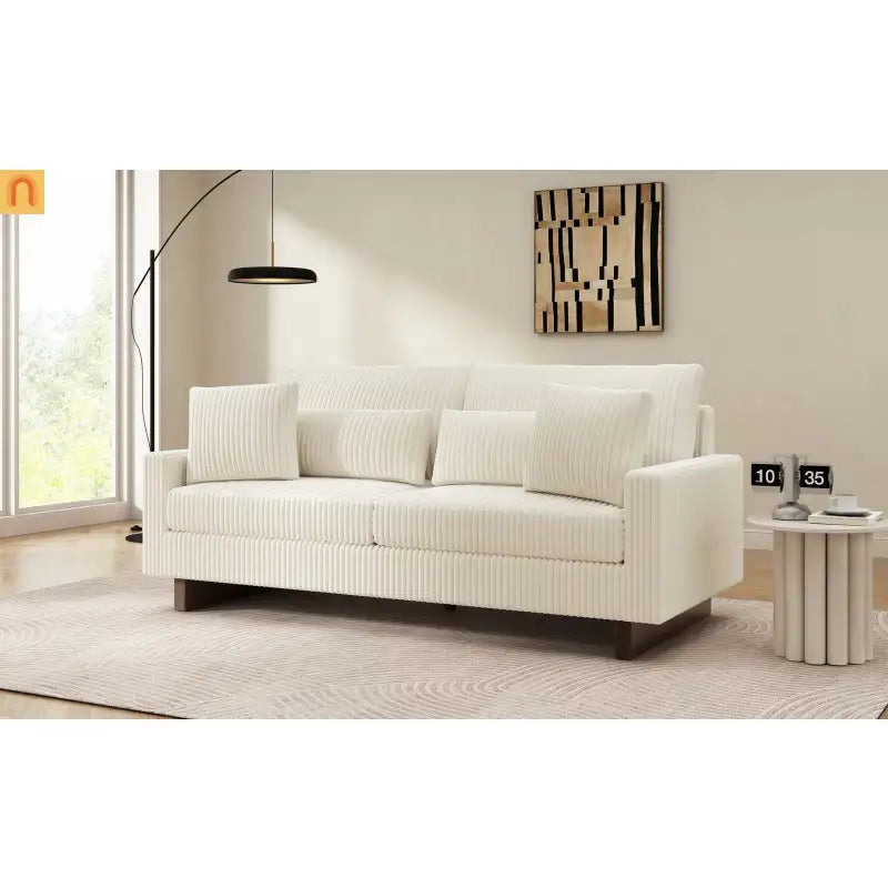 Loveseat Modern Square Arms Corduroy Beige 4 Pillows 80.31in