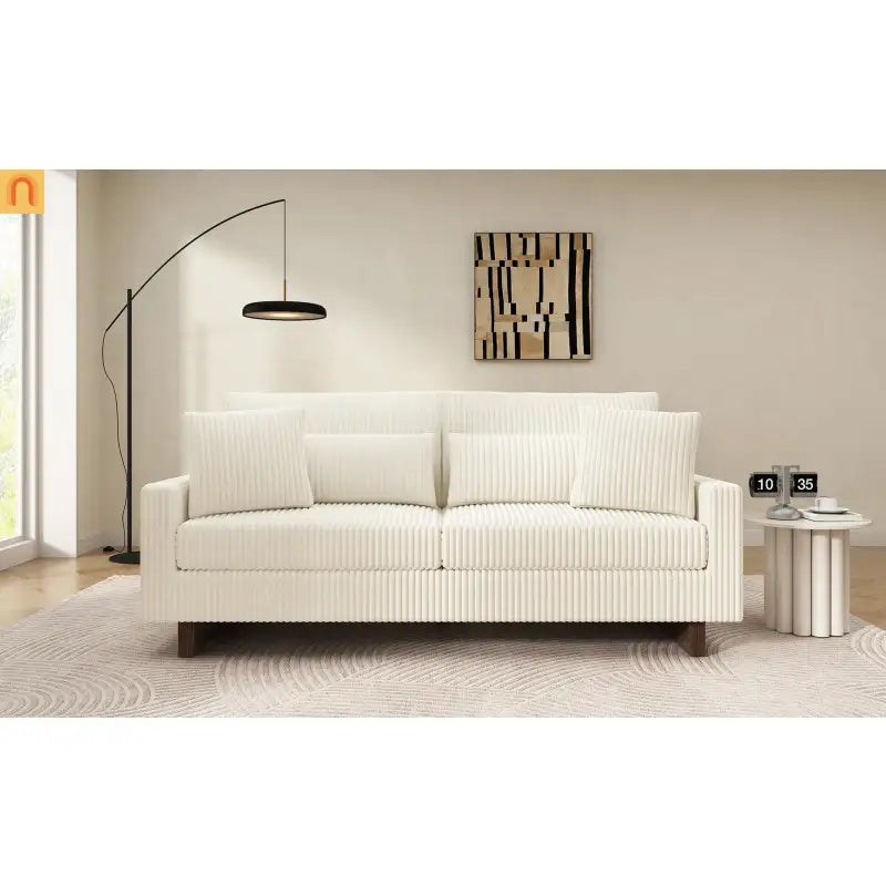 Loveseat Modern Square Arms Corduroy Beige 4 Pillows 80.31in