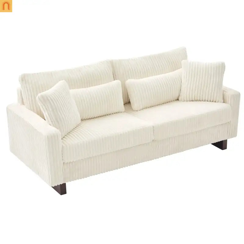 Loveseat Modern Square Arms Corduroy Beige 4 Pillows 80.31in
