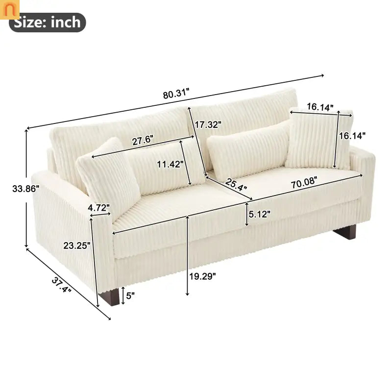 Loveseat Modern Square Arms Corduroy Beige 4 Pillows 80.31in