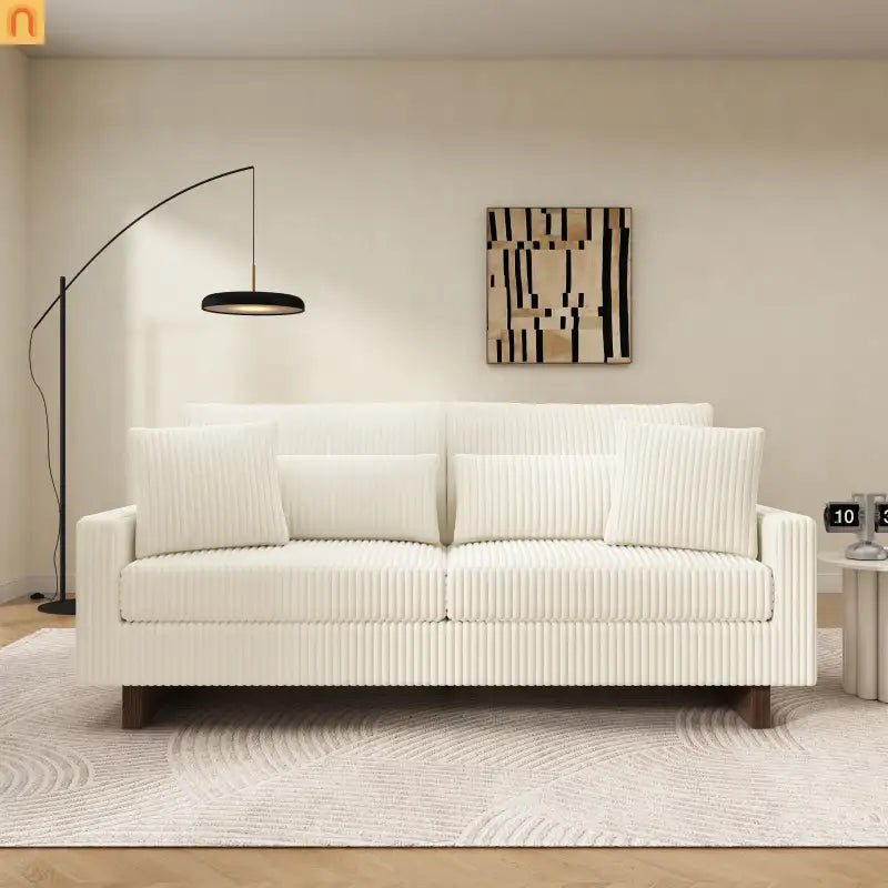 Loveseat Modern Square Arms Corduroy Beige 4 Pillows 80.31in