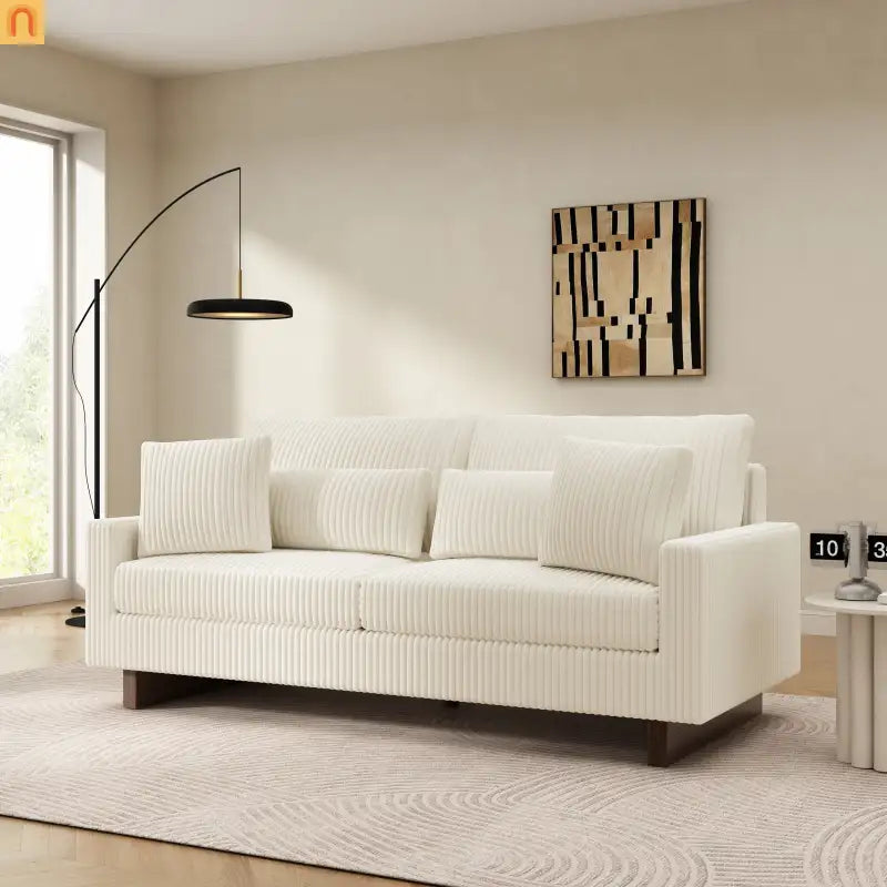Loveseat Modern Square Arms Corduroy Beige 4 Pillows 80.31in