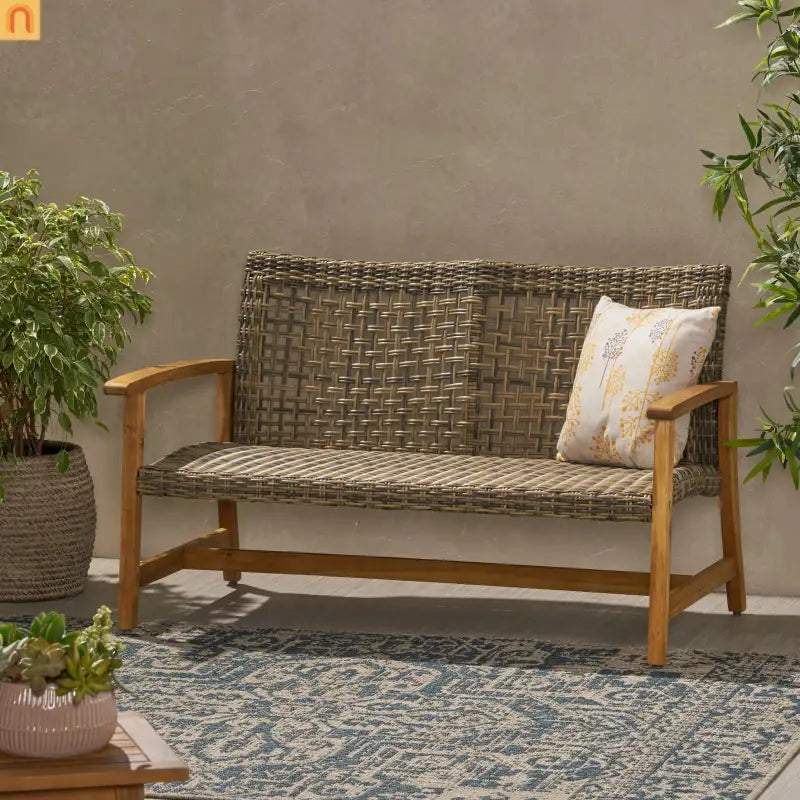 Outdoor Loveseat Acacia Wood Wicker Natural Gray 52in