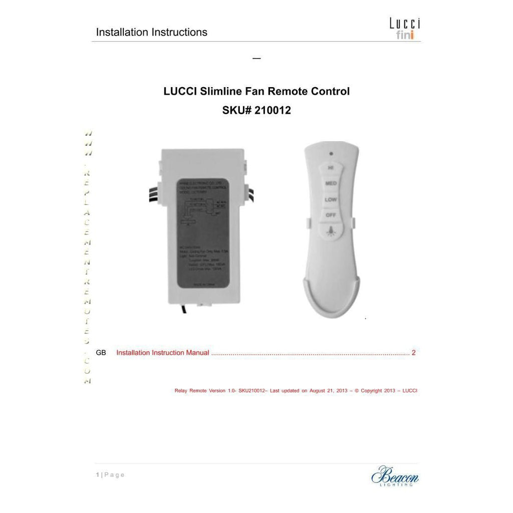 Substitute for Lucci 210012 UC7216T 433MHz Slimline Ceiling Fan Remote Control [63T-AC83T-KIT]