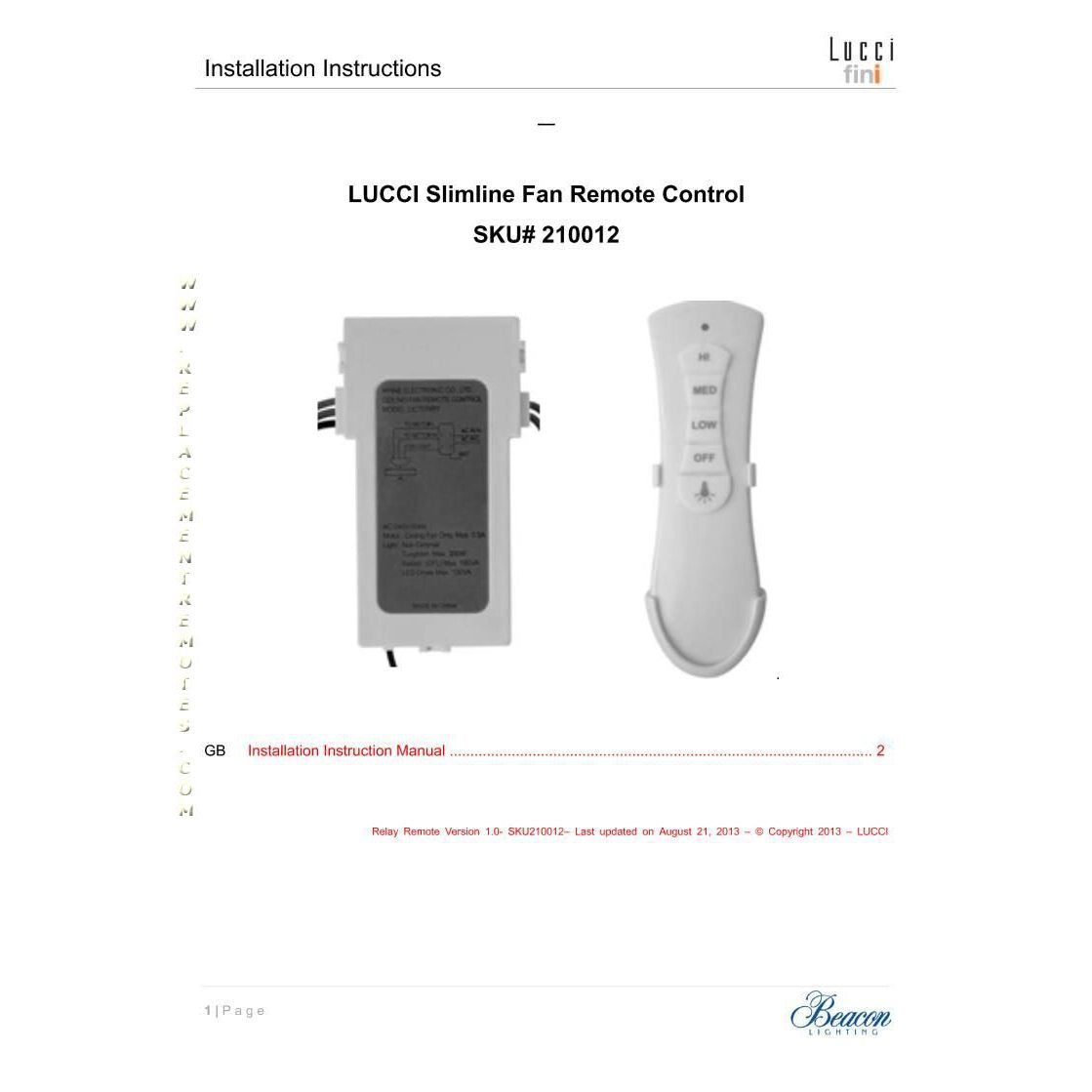 Substitute for Lucci 210012 UC7216T 433MHz Slimline Ceiling Fan Remote Control [63T-AC83T-KIT]