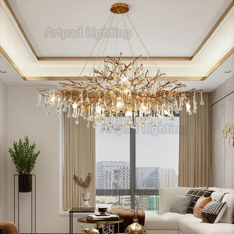 Luxe gold branch crystal led chandelier for living room