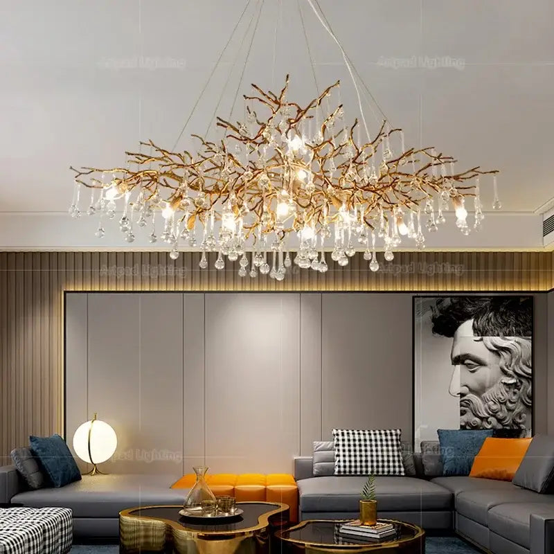 Luxe gold branch crystal led chandelier for living room