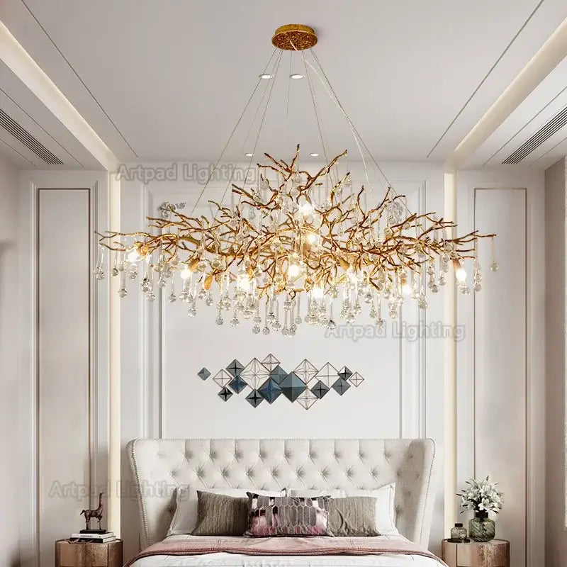 Luxe gold branch crystal led chandelier for living room