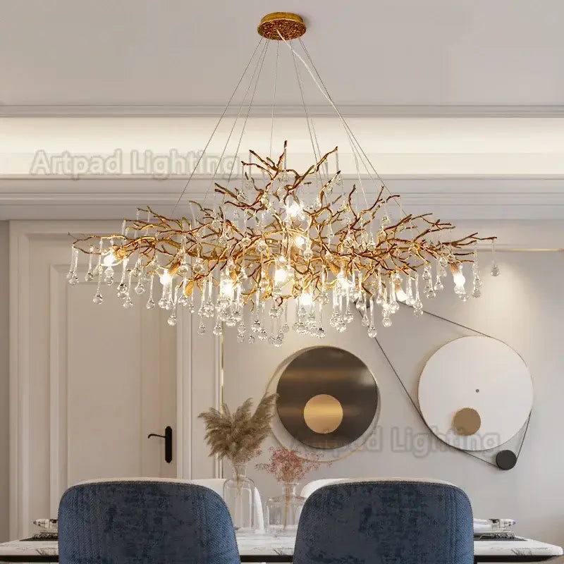Luxe gold branch crystal led chandelier for living room