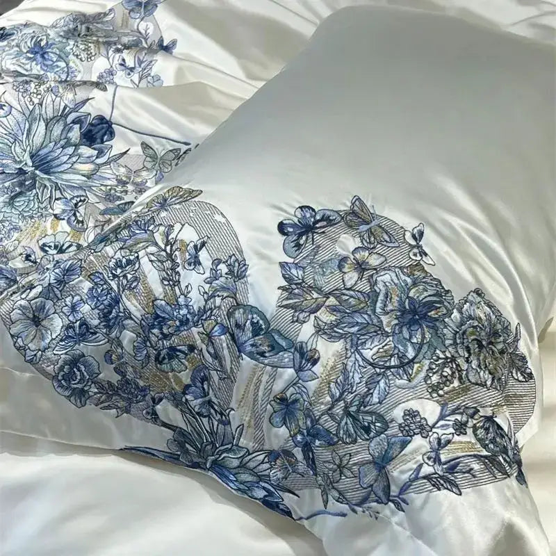 Luxury cream & blue butterfly flowers embroidery bedding set bedroom