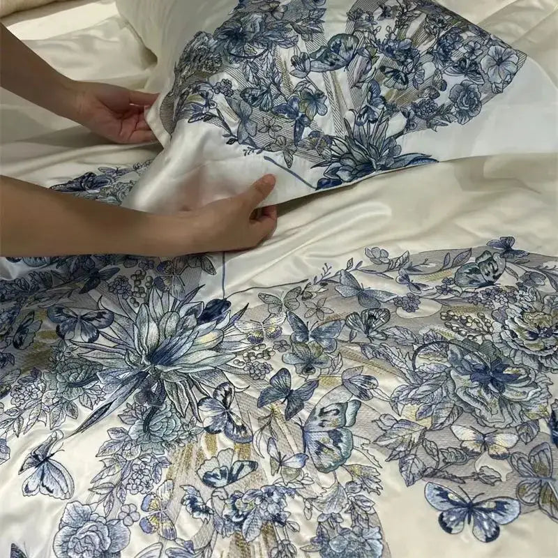 Luxury cream & blue butterfly flowers embroidery bedding set bedroom