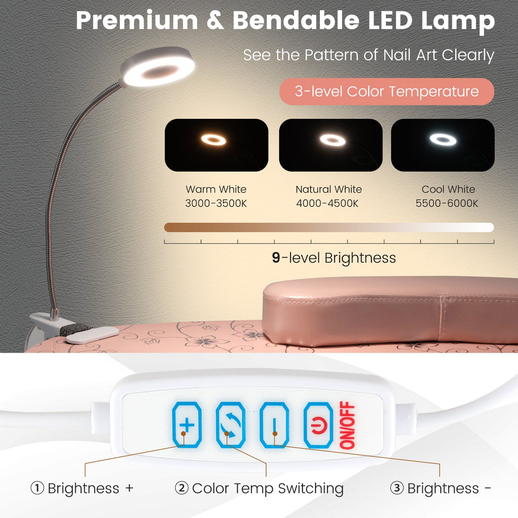 Manicure Nail Table with Bendable USB-plug LED Table Lamp-Pink