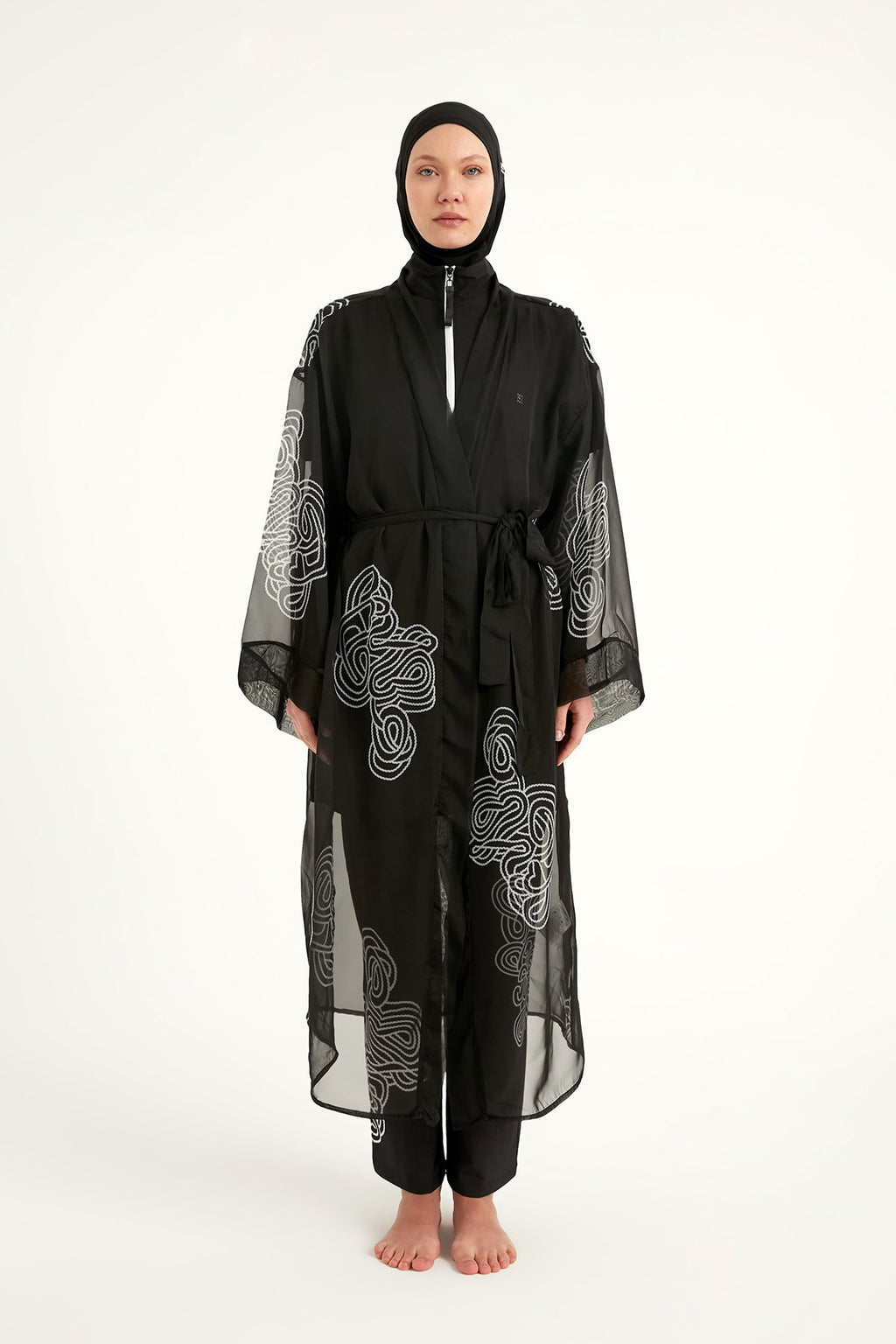Marina Black & White Damask Chiffon Kimono - P2515