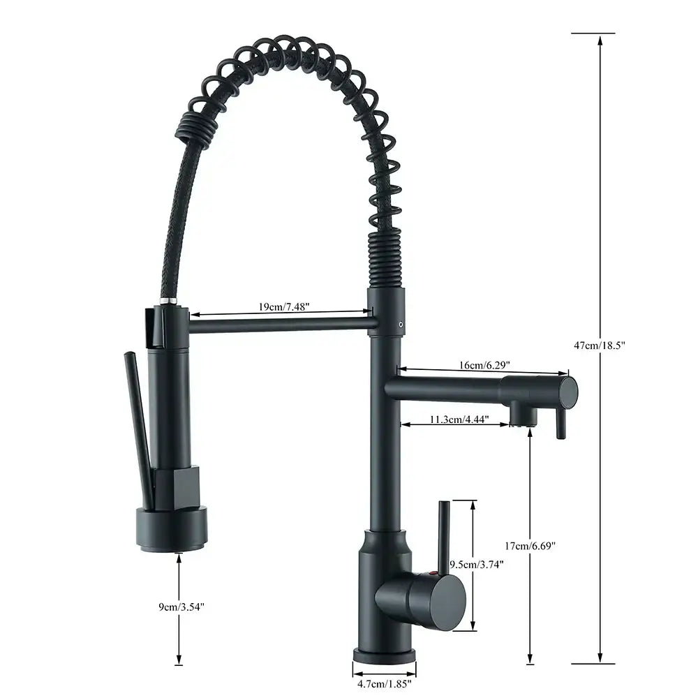 Matte black brass kitchen sink faucet with pull down sprayer