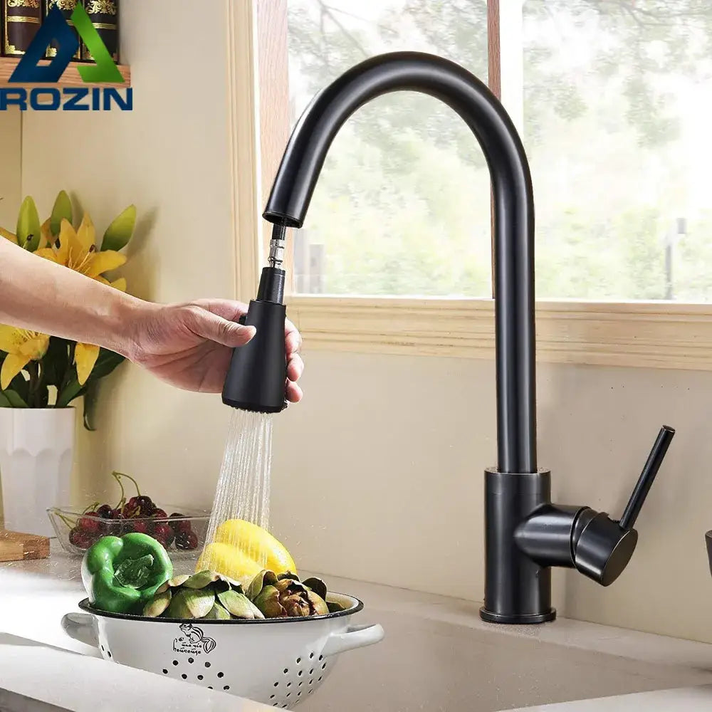 Matte black pull out kitchen faucet with high arc spout