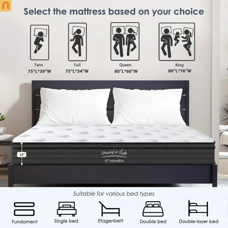 Mattress Hybrid Memory Foam Pocket Coils 12in Queen Medium Firm