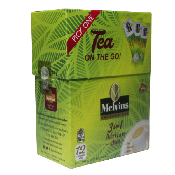 Melvins 3 in 1 African Chai green box angled front view highlighting PICK ONE red banner and Tea ON THE GO branding
