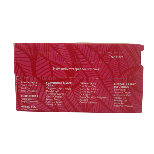 Back panel of Melvins Berry Blast tea box showing tea varieties and product information