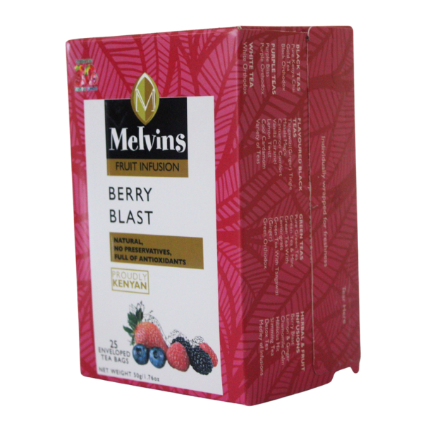 Front view of Melvins Berry Blast tea packaging