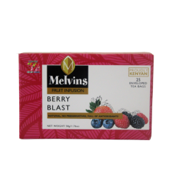 Horizontal front view of Melvins Berry Blast tea packaging