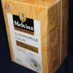 Front view of Melvins Chamomile Calm tea packaging showing herbal infusion label