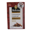 Front close-up of Melvins Cinnamon Comfort tea box showing cinnamon sticks and flavored tea branding