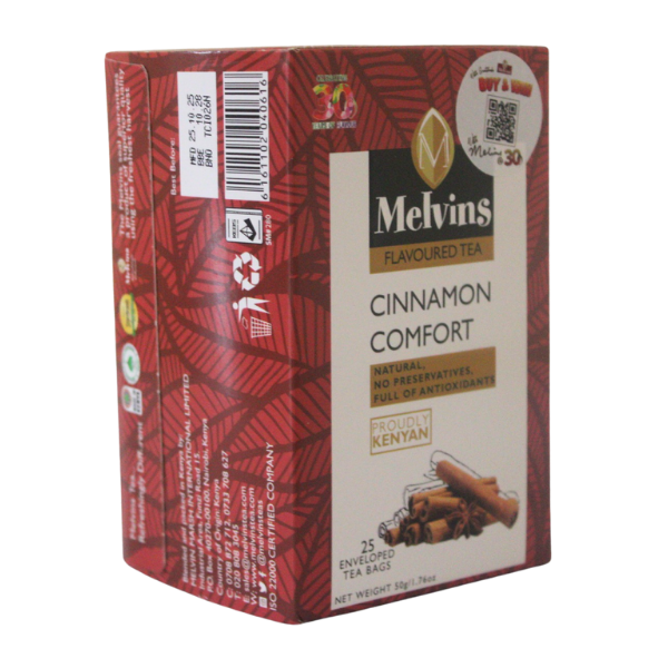 Front and side angle view of Melvins Cinnamon Comfort tea box