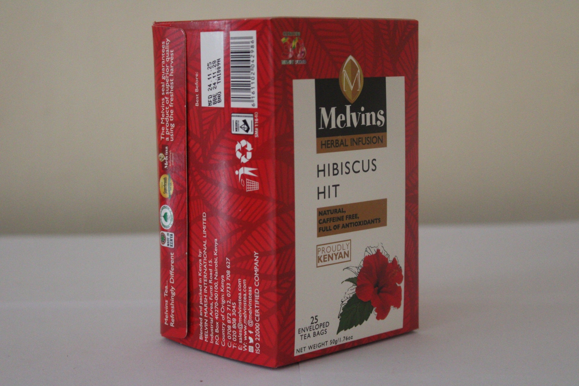 Melvins Hibiscus Hit tea box barcode and side text panel with product details