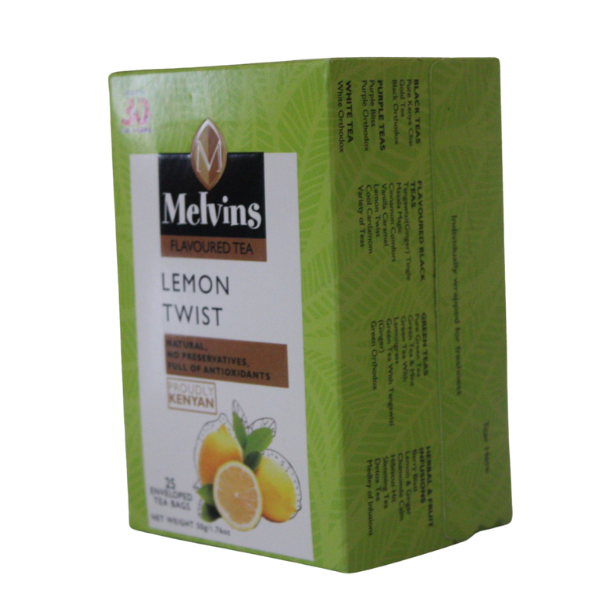 Front side packaging of Melvins Lemon Twist flavored tea