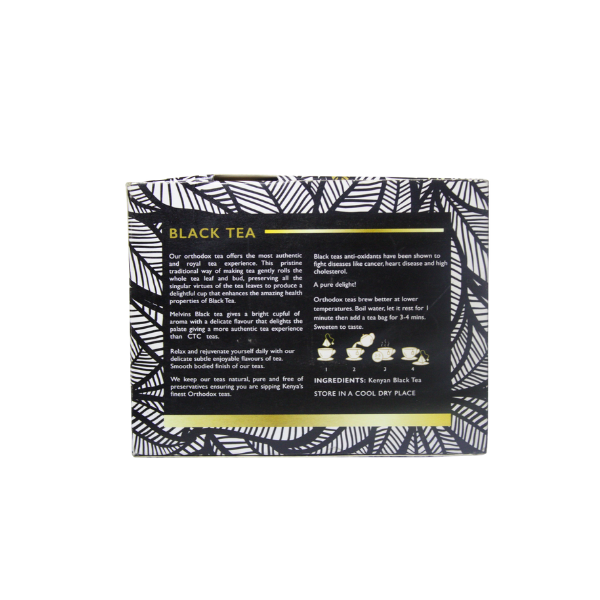 Back panel of Melvins Orthodox Black Tea showing brewing instructions and details