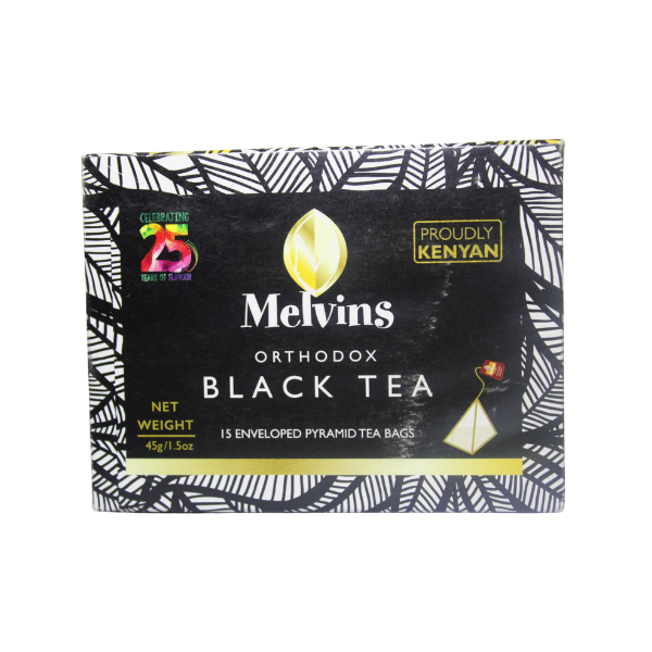 Horizontal front packaging view of Melvins Orthodox Black Tea pyramid tea bags