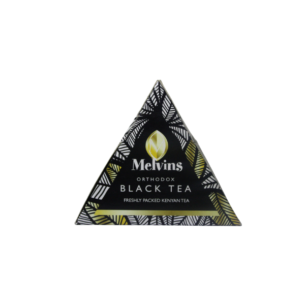 Front angle view of Melvins Orthodox pyramid tea bag packaging