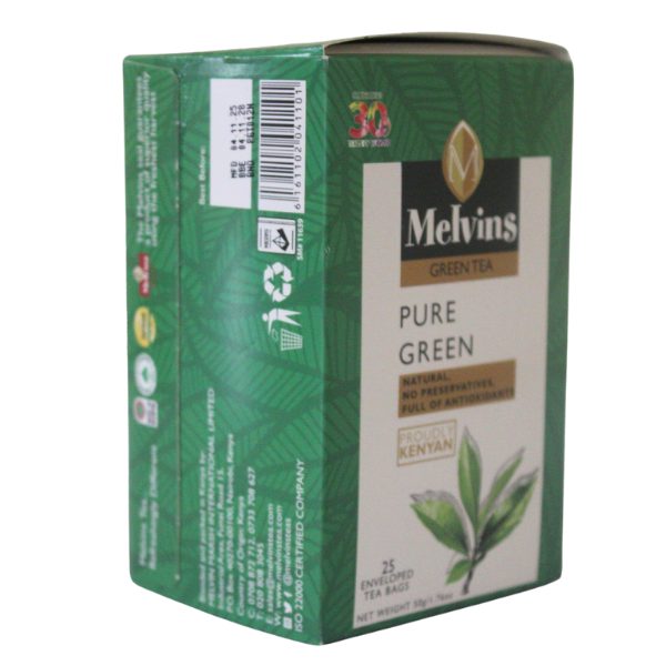 Three-quarter angle view of Melvins Pure Green Tea box