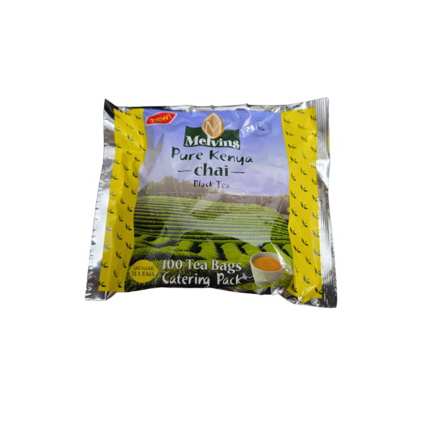 Front of Melvins Pure Kenya Chai pack showing label through plastic with tea farm image
