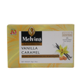 Front of yellow Melvins Vanilla Caramel box showing 25 enveloped tea bags, Proudly Kenyan badge, natural no preservatives full of antioxidants, vanilla pod and caramel graphic