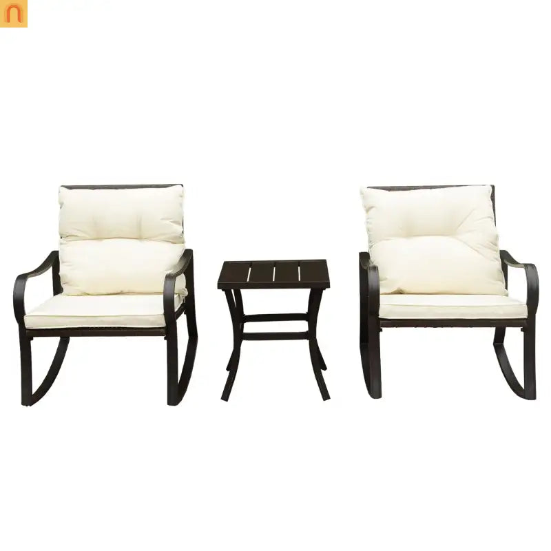 Outdoor Rocking Chair Set Metal White PE Wicker Cushion 2 Piece