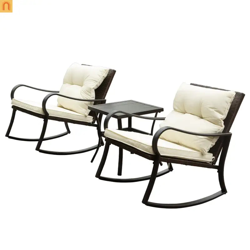 Outdoor Rocking Chair Set Metal White PE Wicker Cushion 2 Piece