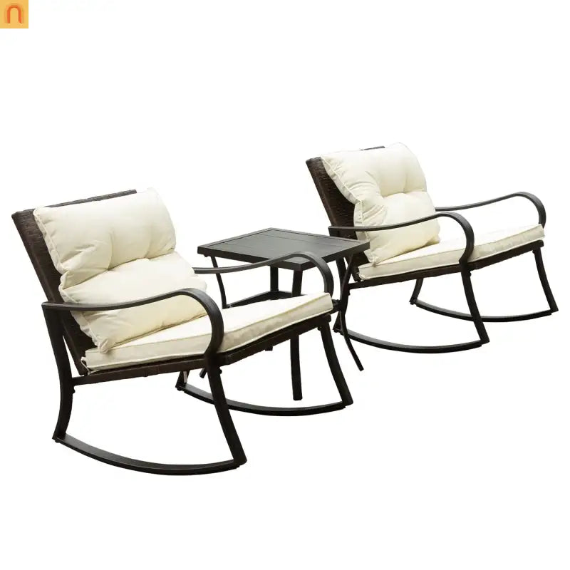 Outdoor Rocking Chair Set Metal White PE Wicker Cushion 2 Piece