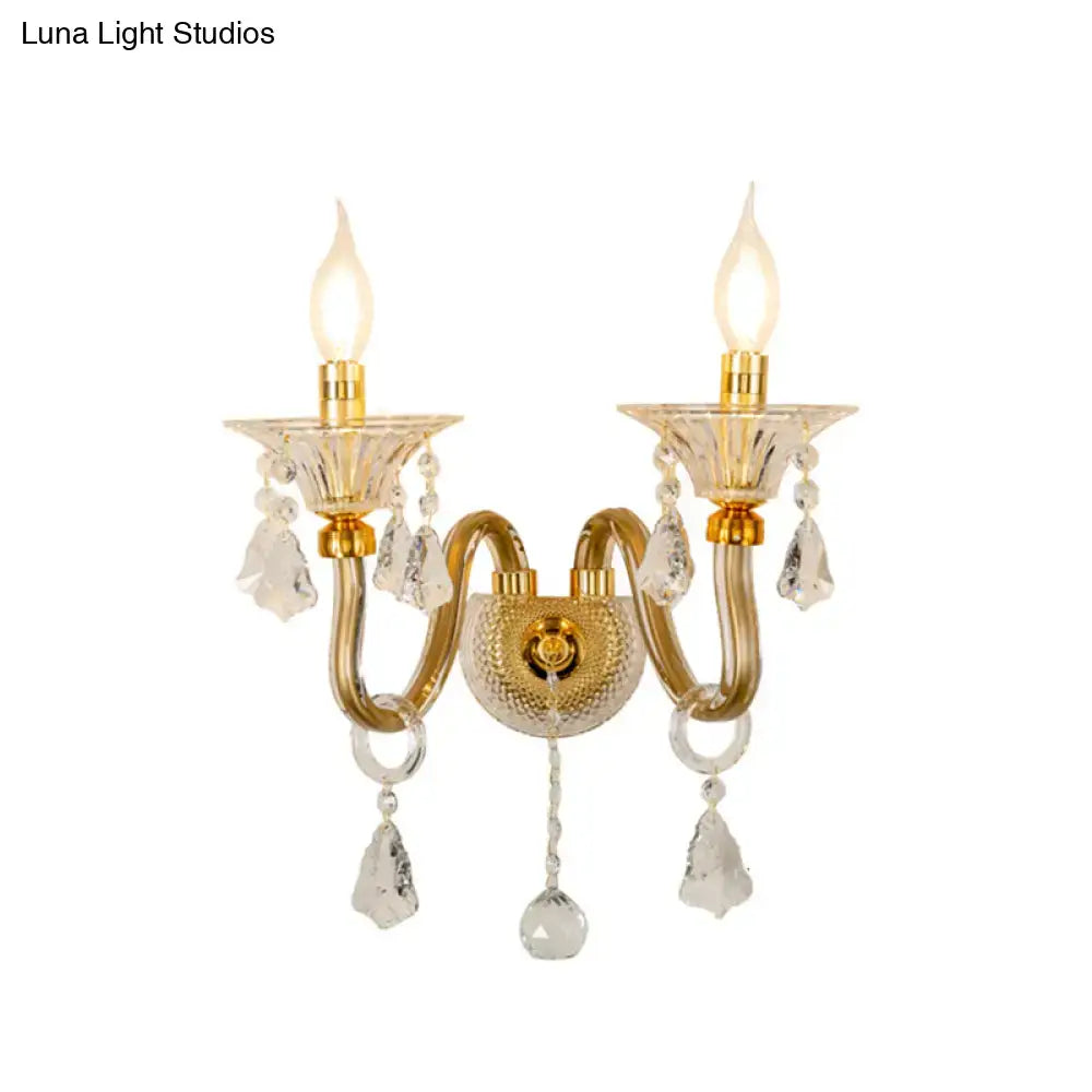 DecorBites™ Mid-Century 1/2 Lights Wall Sconce with Brass Candle Design and Crystal Shade