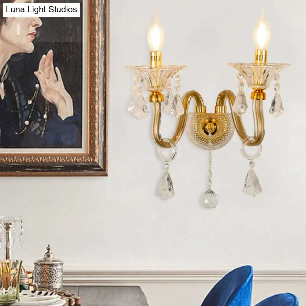 DecorBites™ Mid-Century 1/2 Lights Wall Sconce with Brass Candle Design and Crystal Shade