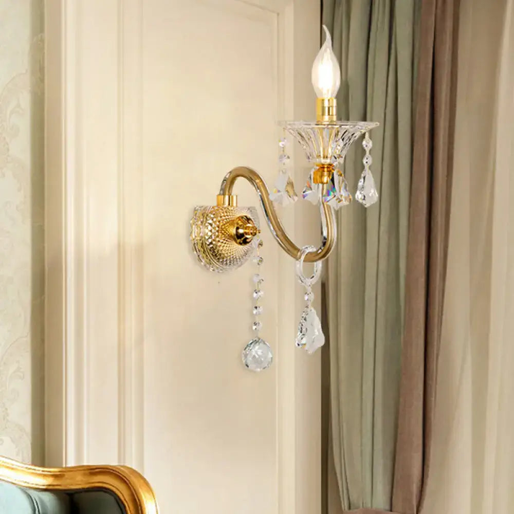 DecorBites™ Mid-Century 1/2 Lights Wall Sconce with Brass Candle Design and Crystal Shade