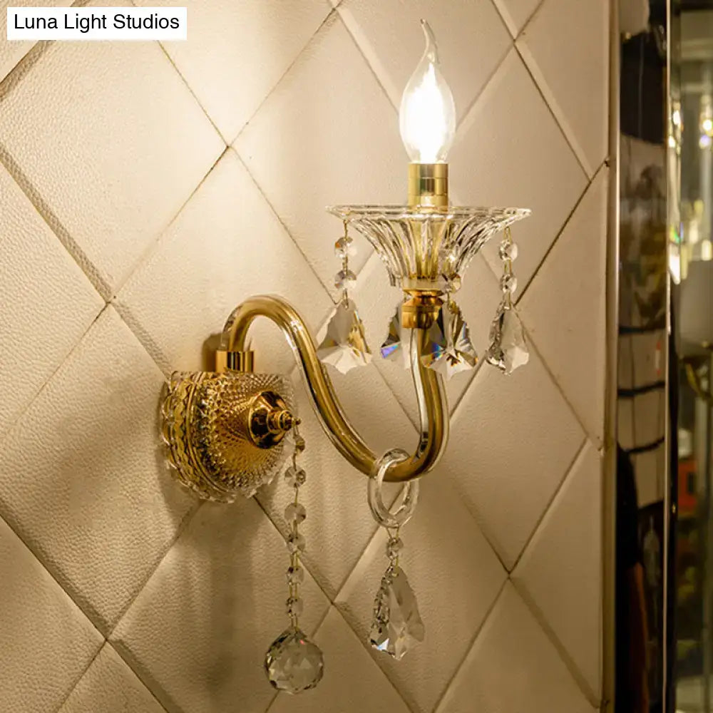 DecorBites™ Mid-Century 1/2 Lights Wall Sconce with Brass Candle Design and Crystal Shade