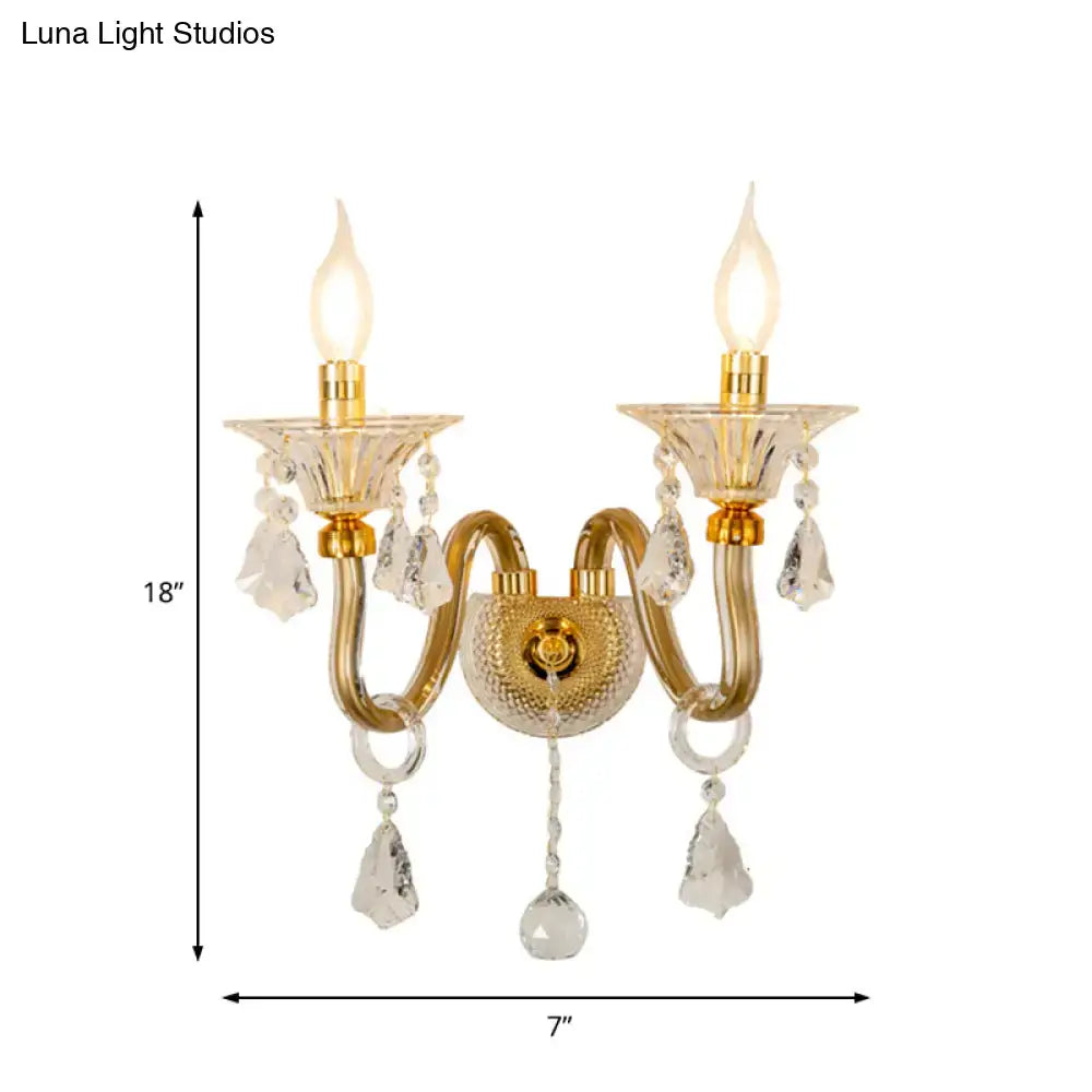 DecorBites™ Mid-Century 1/2 Lights Wall Sconce with Brass Candle Design and Crystal Shade