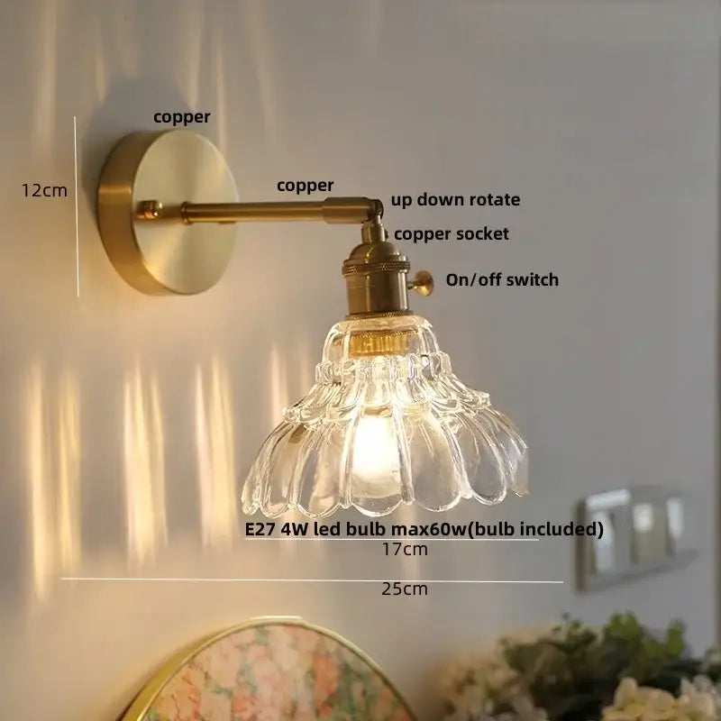 Modern amber clear glass wall sconce bedroom rotating brass lamp