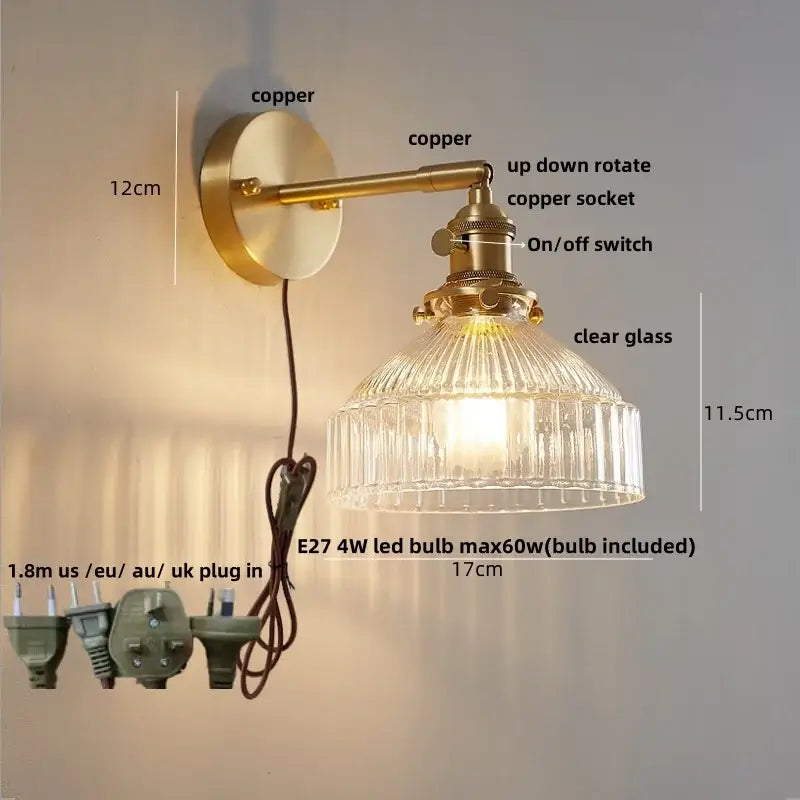 Modern amber clear glass wall sconce bedroom rotating brass lamp