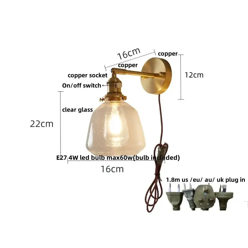 Modern amber clear glass wall sconce bedroom rotating brass lamp