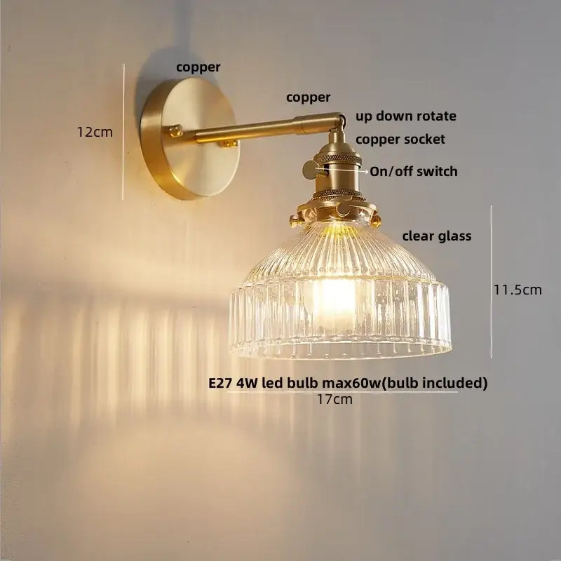 Modern amber clear glass wall sconce bedroom rotating brass lamp