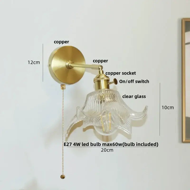 Modern amber clear glass wall sconce bedroom rotating brass lamp