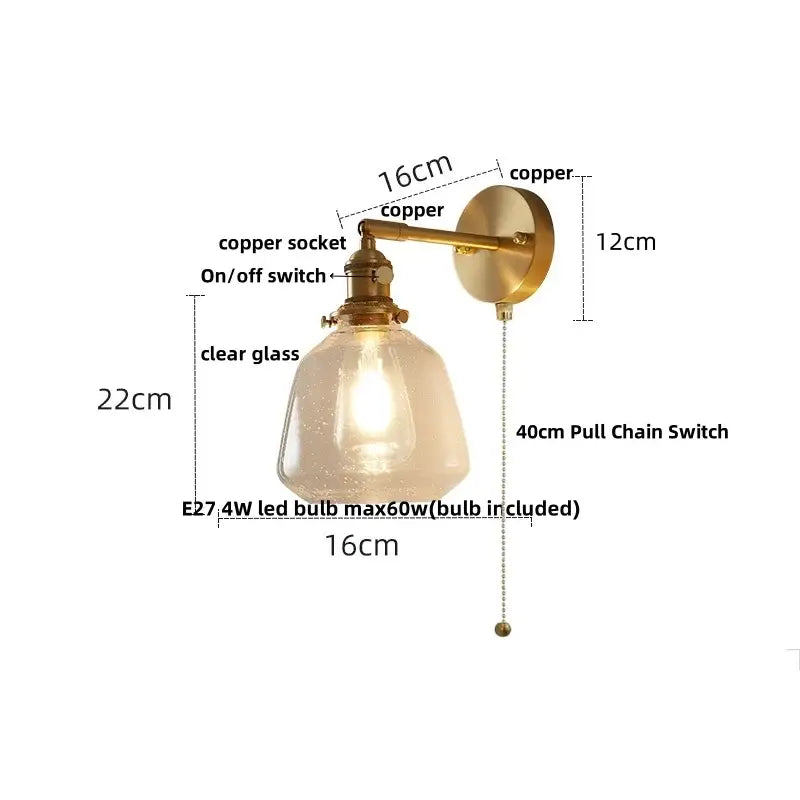 Modern amber clear glass wall sconce bedroom rotating brass lamp